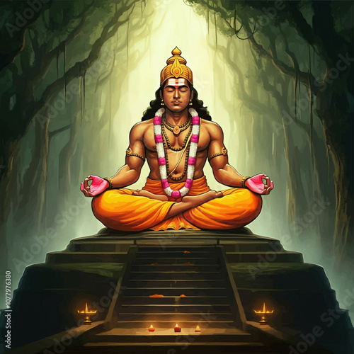 Depiction of Lord Ayyappa in a meditative pose, embodying discipline, devotion, and spiritual strength. Revered in South India, especially at the Sabarimala Temple in Kerala photo