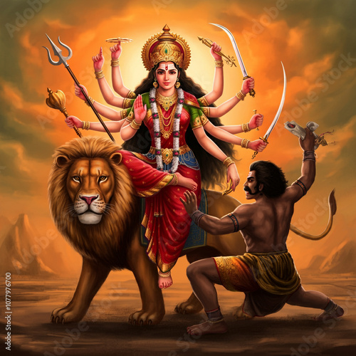Goddess Durga with multiple arms, seated on a lion and wielding weapons, representing strength, protection, and divine energy in Hindu culture