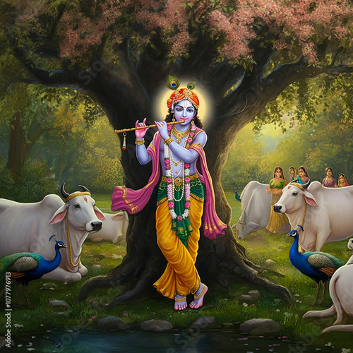 Lord Krishna serenading wit...