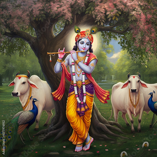 Lord Krishna playing the fl...