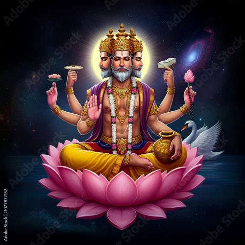 Lord Brahma seated on a lotus in the cosmic ocean, symbolizing creation and wisdom as the creator god in Hindu mythology photo