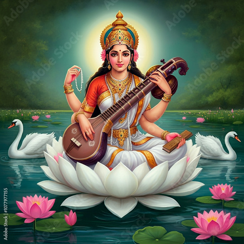 Goddess Saraswati seated on a lotus with a veena, symbolizing wisdom, music, and arts, surrounded by swans representing purity in Hindu culture