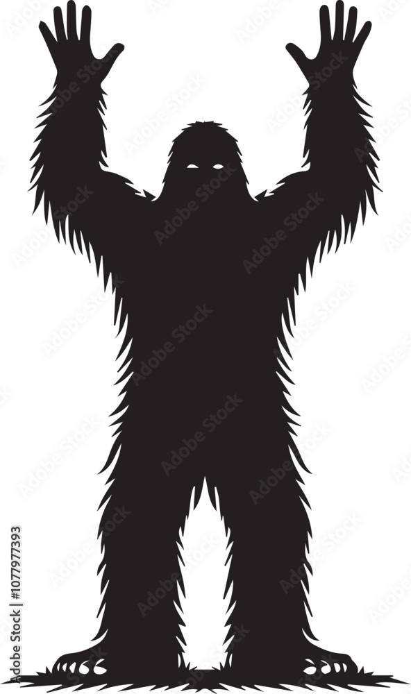 Bigfoot silhouette with hands raised in surrender Bigfoot silhouette with hands raised in surrender