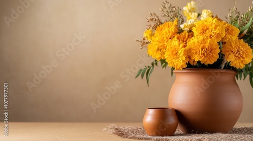 Minimalist flat lay of marigold flowers in clay pot for nepalese dashain celebration decor photo