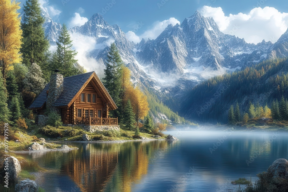 Fototapeta premium wood cabin nestled by a serene lake surrounded by towering trees and majestic mountains reflecting the essence of tranquility and natural beauty in a picturesque landscape