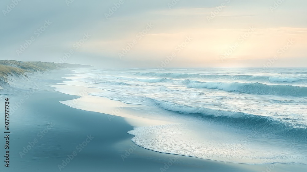 Serene coastal landscape at sunrise, with gentle waves and soft, misty light. Serene coastal landscape at sunrise, with gentle waves and soft, misty light.