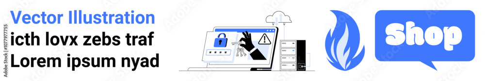E-commerce, security, cloud computing, social media, and online shopping concepts. Vector elements including a shopping icon, security lock, and warning symbol in blue and black colours. Banner E-commerce, security, cloud computing, social media, and online shopping concepts. Vector elements including a shopping icon, security lock, and warning symbol in blue and black colours. Banner