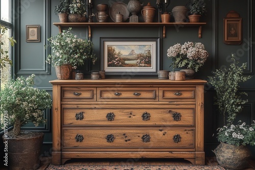 wooden gallery room interior featuring a stylish dresser and decorative items with a mockup frame on the wall the scene exudes warmth and a homely atmosphere perfect for showcasing art