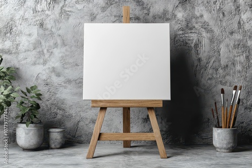 wooden easel standing proud against a clean white background showcasing a blank canvas inviting creativity and artistic expression in a minimalistic design photo