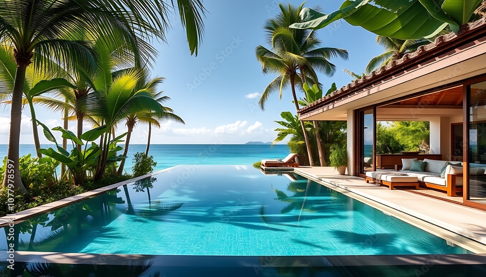 Fototapeta premium Tropical Villa Infinity Pool with Ocean View,