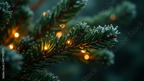 texture of pine branches with tiny LED lights woven through