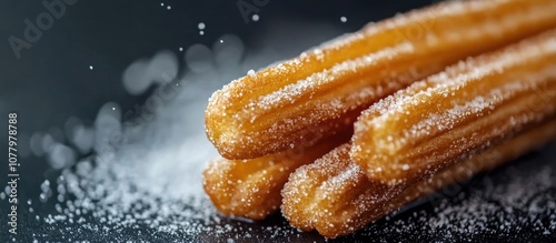 Three golden churros sprinkled with sugar on a black background.