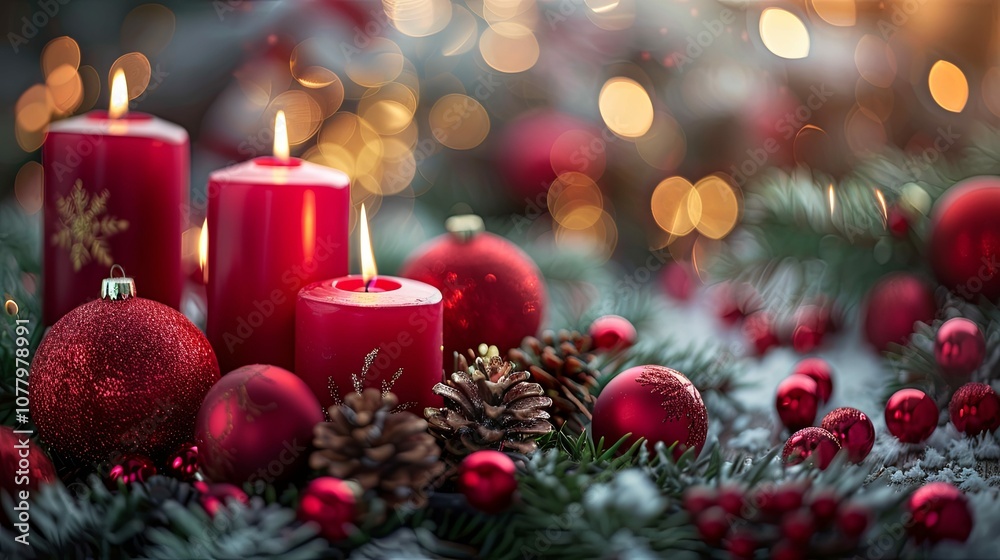 Red Candles and Ornaments Adorned with Evergreen and Pinecones Red Candles and Ornaments Adorned with Evergreen and Pinecones