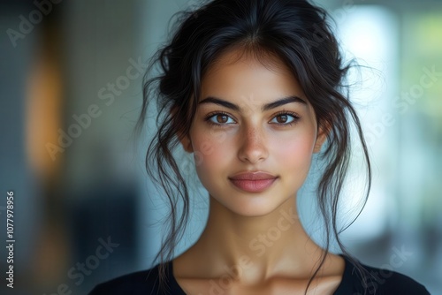 young indian asian businesswoman in a corporate setting captured in a headshot portrait that highlights professionalism and confidence showcasing the power of technology in modern business