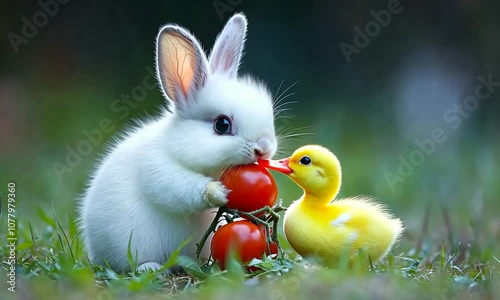 Wallpaper Mural A white rabbit and a yellow duckling share a tomato Torontodigital.ca