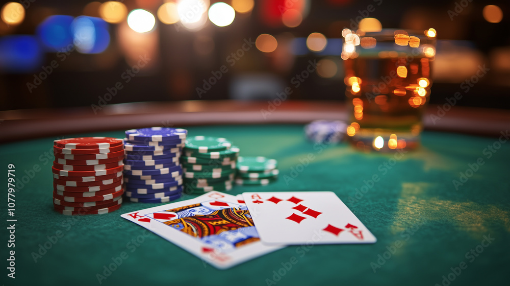 A royal flush poker hand laid out on a green felt table surrounded by stacks of chips and a glass of whiskey nearby A royal flush poker hand laid out on a green felt table surrounded by stacks of chips and a glass of whiskey nearby
