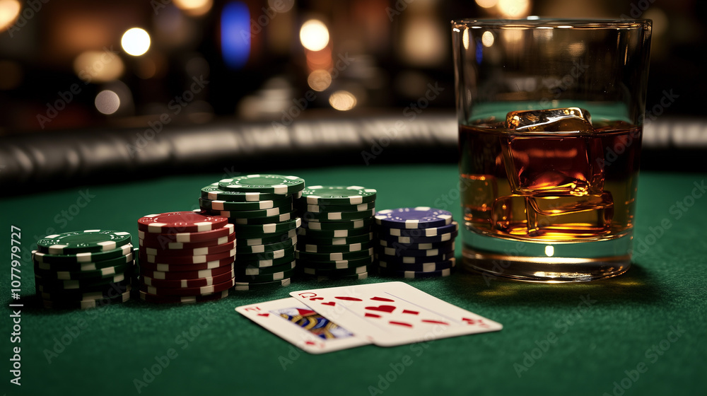 A royal flush poker hand laid out on a green felt table surrounded by stacks of chips and a glass of whiskey nearby A royal flush poker hand laid out on a green felt table surrounded by stacks of chips and a glass of whiskey nearby