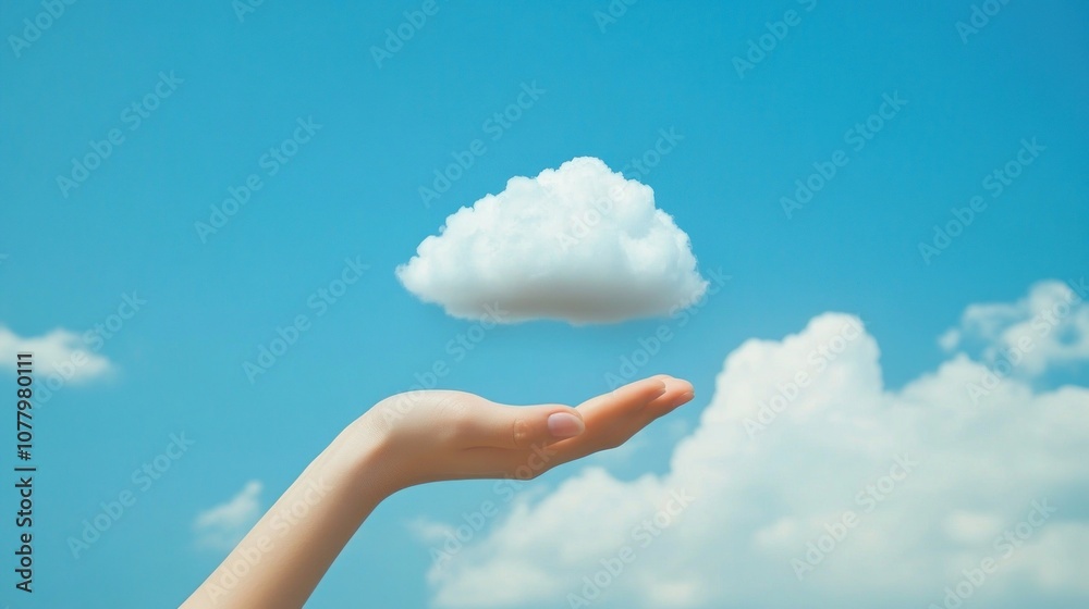 A hand holding a fluffy cloud against a bright blue sky, symbolizing imagination and dreams. A hand holding a fluffy cloud against a bright blue sky, symbolizing imagination and dreams.