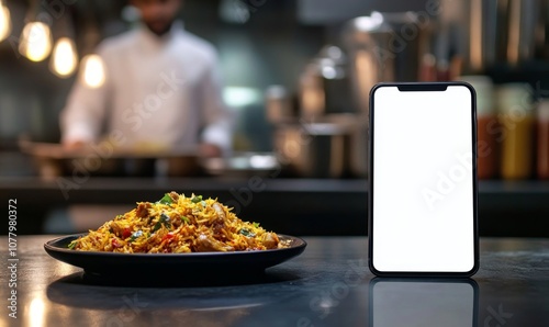 Closeup mockup phone with white screen on a dark table. Spicy chicken biryani on a plate. Blurred background with chef at an Indian professional kitchen. Food delivery, restaurant app concept.