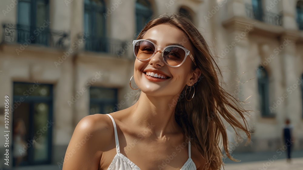 European Style Woman in Modern Summer Fashion with Sunglasses and Smiling Pose – Right Side Aligned European Style Woman in Modern Summer Fashion with Sunglasses and Smiling Pose – Right Side Aligned