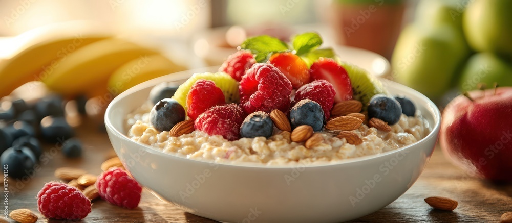 A bowl of oatmeal topped with fresh fruit, nuts, and mint, on a wooden table. A bowl of oatmeal topped with fresh fruit, nuts, and mint, on a wooden table.