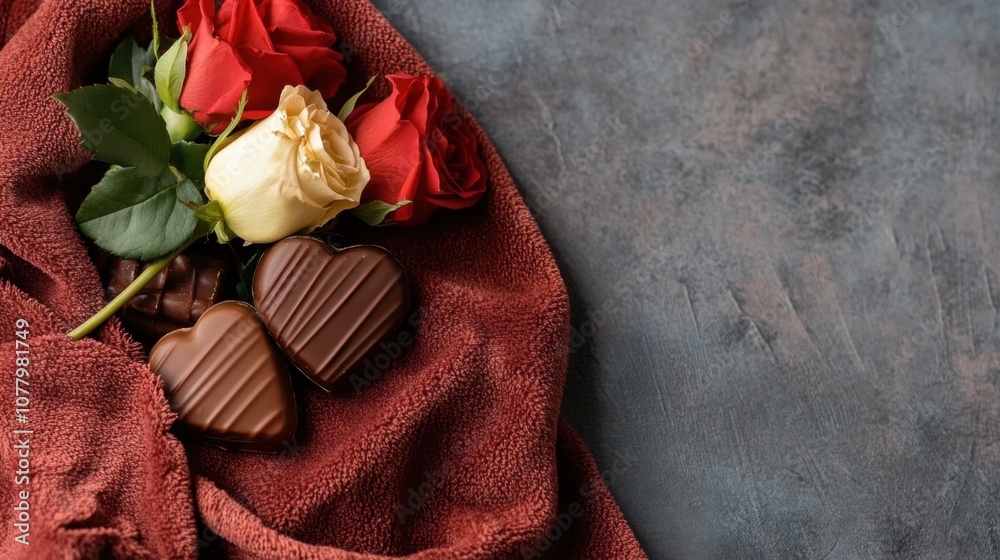 Romantic valentine's day flat lay with heart-shaped chocolates and roses Romantic valentine's day flat lay with heart-shaped chocolates and roses