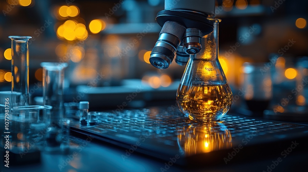 A laboratory scene with a microscope and glowing flask. A laboratory scene with a microscope and glowing flask.