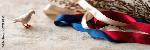 Russian unity day minimalist flat lay with flag colors and dove symbolism