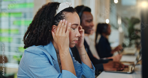 Schilderij op canvas Call center, woman and consultant with headache of stress for lead generation, exhausted and overworked
