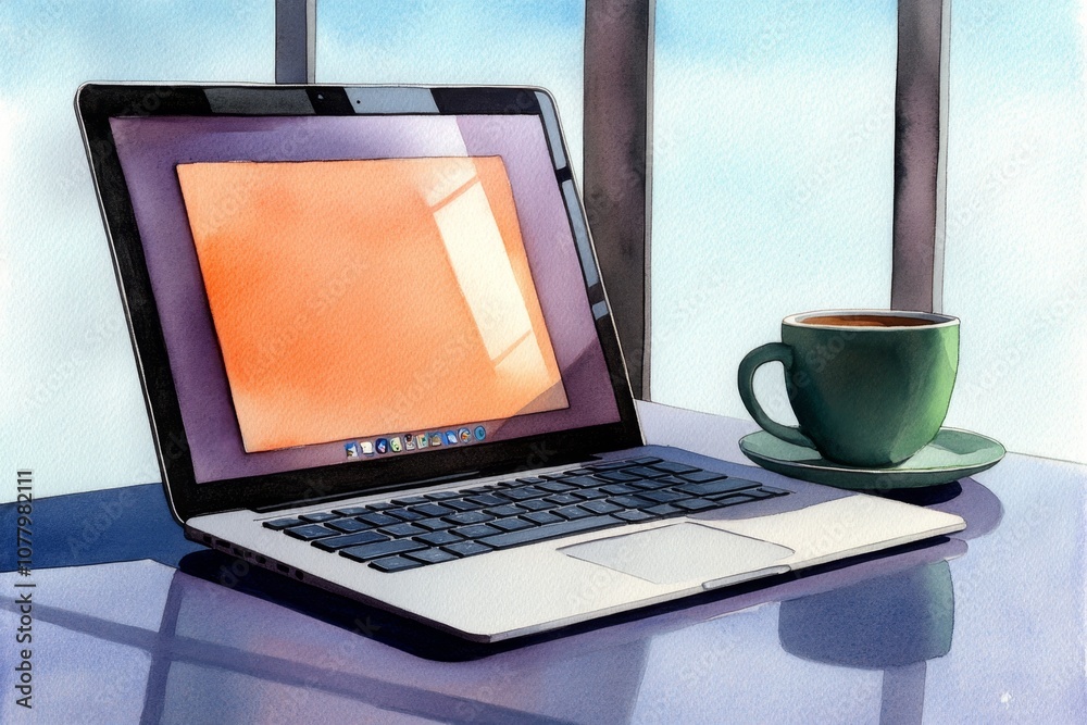 Fototapeta premium Watercolor painting of a laptop with soft colors, open on a table beside a coffee cup