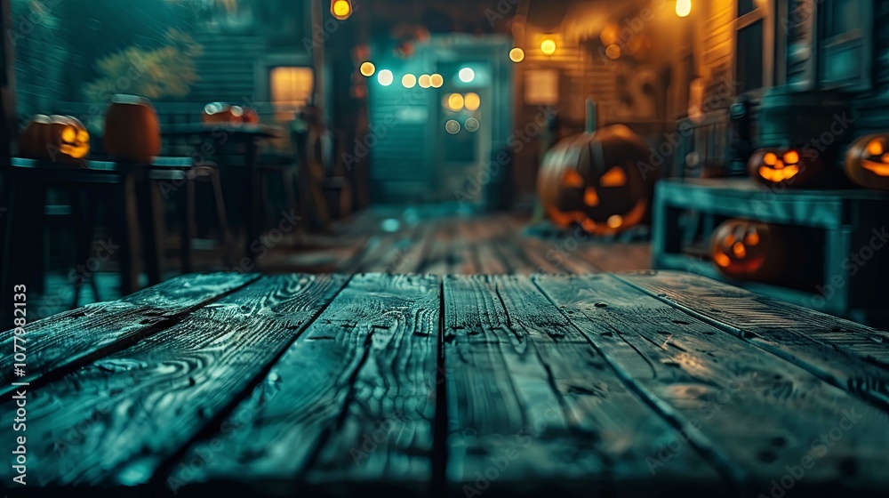 Wooden Tabletop with Blurred Halloween Background Wooden Tabletop with Blurred Halloween Background