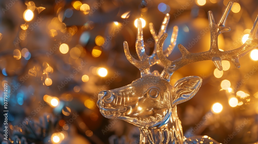 Crystal-clear reindeer figurine, with intricate details, standing among Christmas lights