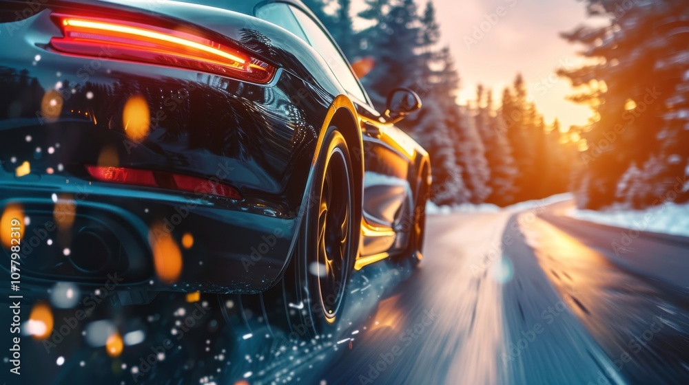 A black car is driving down a snowy road with the sun setting in the background. Motion and speed concept. A black car is driving down a snowy road with the sun setting in the background. Motion and speed concept.