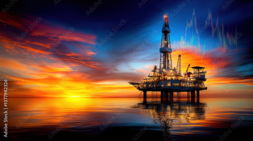 stunning oil drilling rig at sunset, reflecting vibrant colors on water stunning oil drilling rig at sunset, reflecting vibrant colors on water