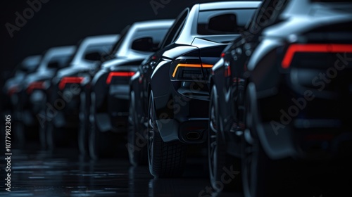 A row of elegant black cars in a parking lot. Black background.