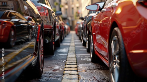 A row of different colors cars parked on a street.