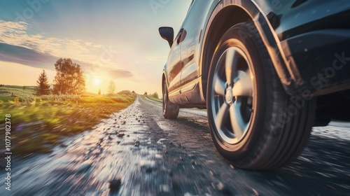 A black car is speeding down a road thought the forest. Sun setting in the background. Motion and speed concept.
