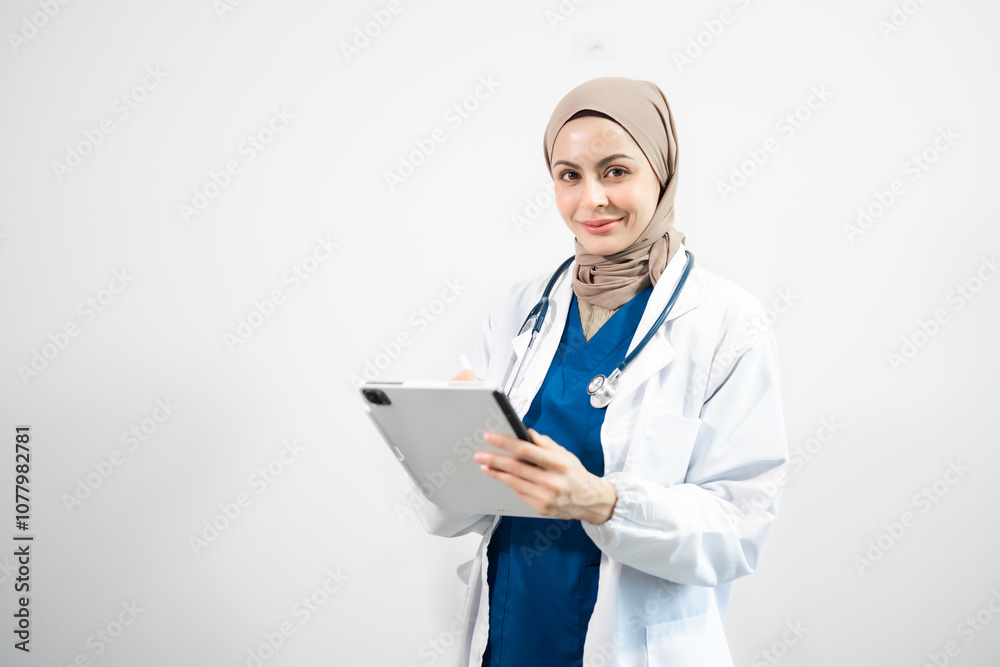Muslim Arab person. The face of a female doctor on an isolated white background.