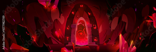 Mysterious glowing red portal in dark crystalline cave formation. Ancient stone doorway radiates magical energy. Fantasy entrance with light through rock archway with rune signs. Mystical gateway.