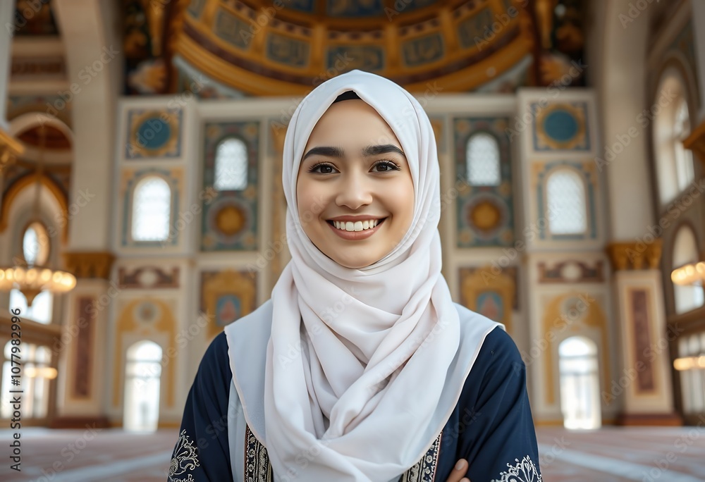 Smiling Muslim Woman in Hijab Inside Mosque Smiling Muslim Woman in Hijab Inside Mosque