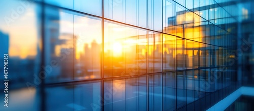 A blurred sunset view through a modern glass building facade.