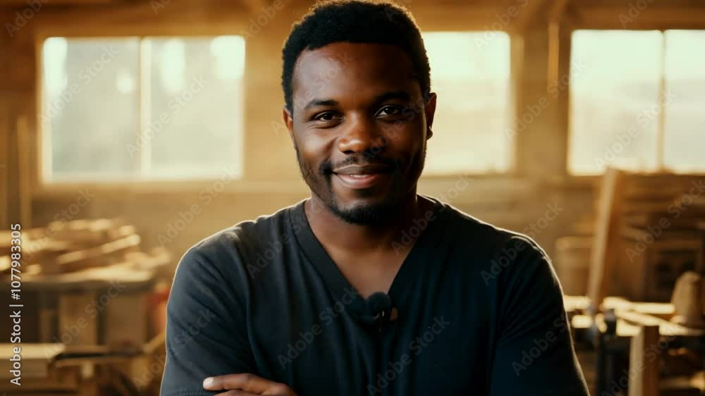 A smiley African American male master standing in a middle of a carpentry workshop. Laughter and craftsmanship unite as this master creates stunning pieces with ease. A smiley African American male master standing in a middle of a carpentry workshop. Laughter and craftsmanship unite as this master creates stunning pieces with ease.