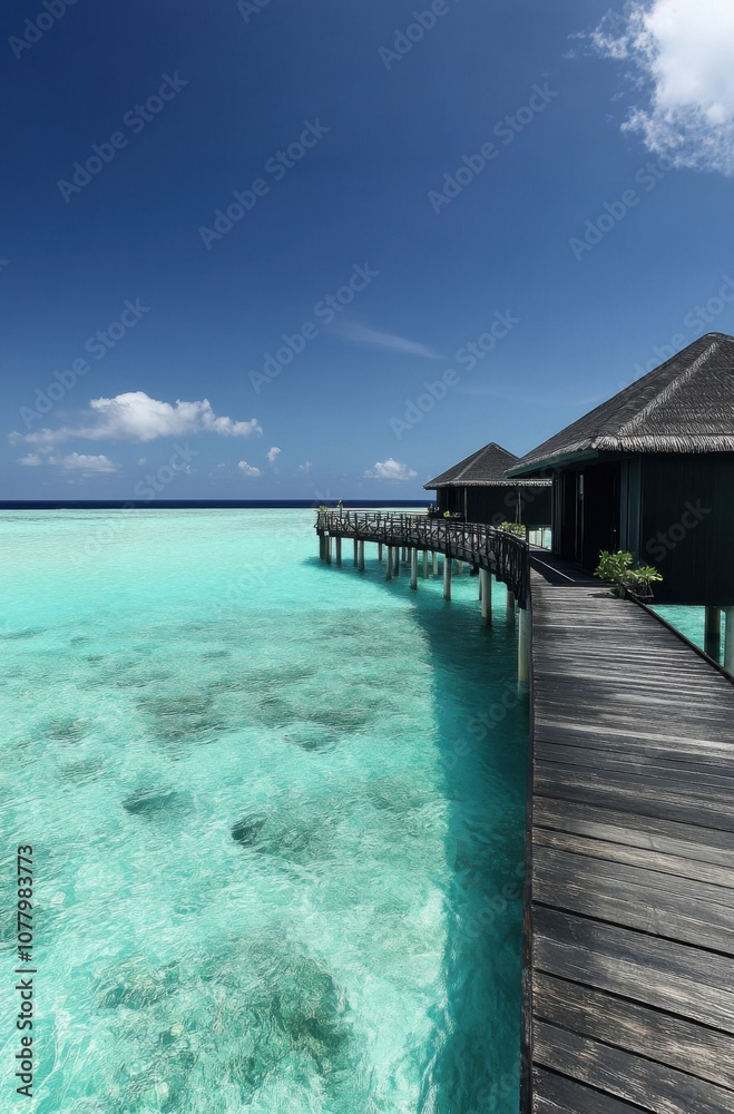 Serenity in the maldives: black wooden bridge over turquoise waters Serenity in the maldives: black wooden bridge over turquoise waters
