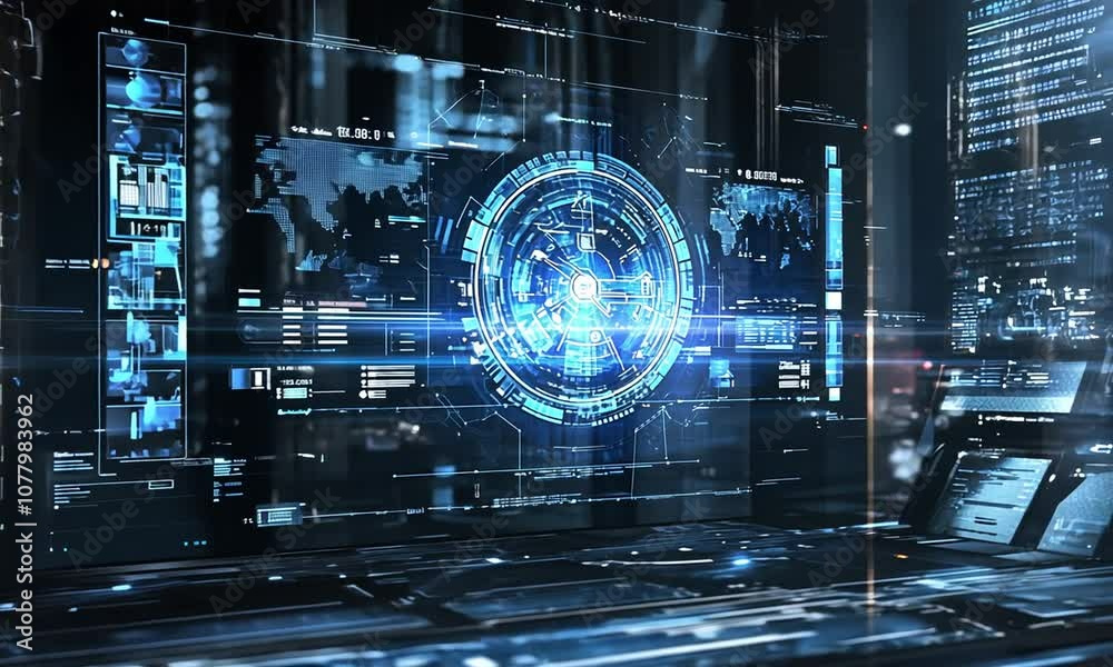 Futuristic Digital Interface with a Circular Display and World Map ...