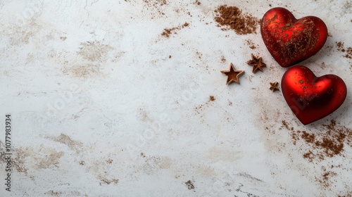 Simple and elegant norwegian christmas flat lay with red hearts and spices photo