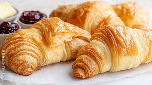 Irresistible French Croissants Flaky Layers Accompanied by Butter and Jam on a Classic White Background in a Charming Parisian Caf photo