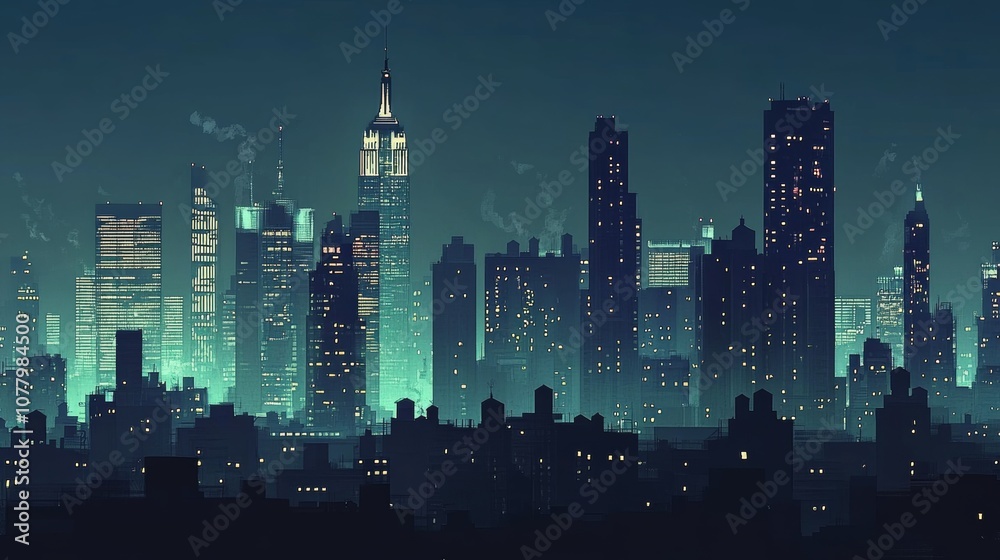 New York City skyline at night with illuminated skyscrapers New York City skyline at night with illuminated skyscrapers