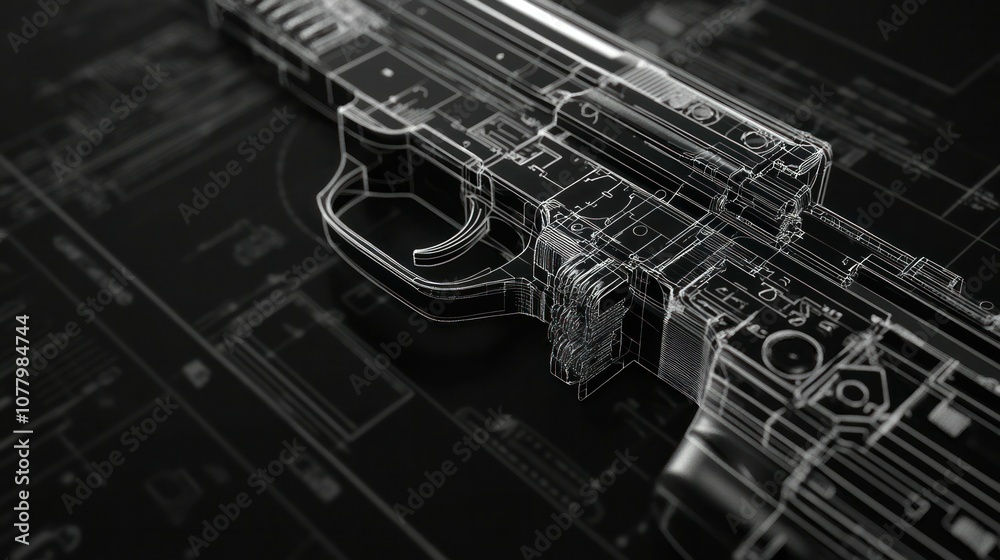 Fototapeta premium Detailed blueprint of a guns magazine, showing the feed lips, spring, and follower, rendered in photorealistic detail