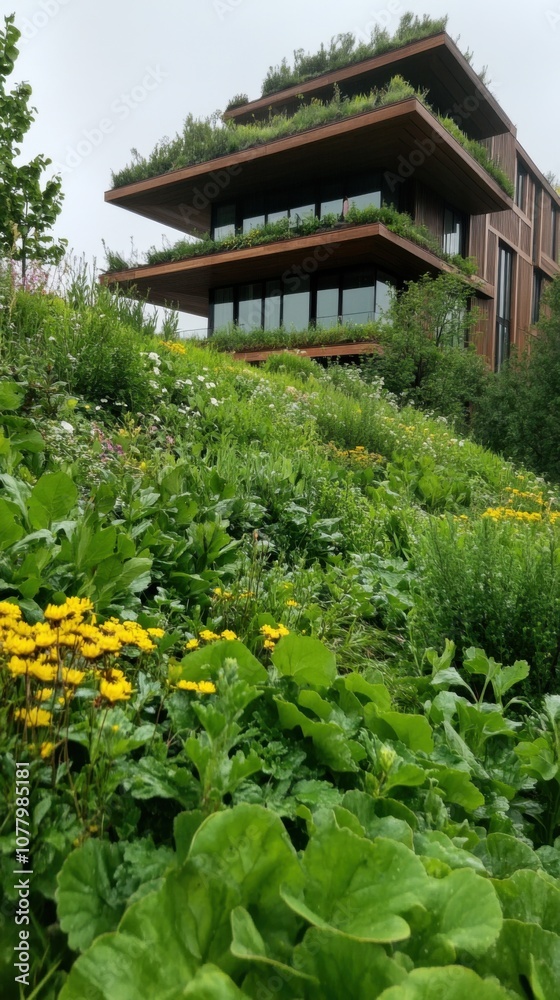 Sustainable architecture with diverse vegetation on green roofs and gardens Sustainable architecture with diverse vegetation on green roofs and gardens