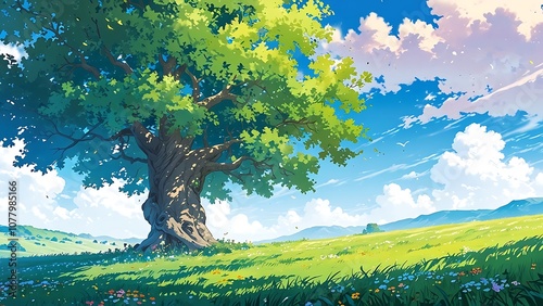 Big tree in the left with background of beautiful sky and green grass meadow anime style photo